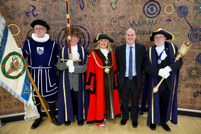 Photo - The Mayor of Hertford, Cllr Susan Barber, her consort, Mr Tony Barber and with the Sergeants of Mace
