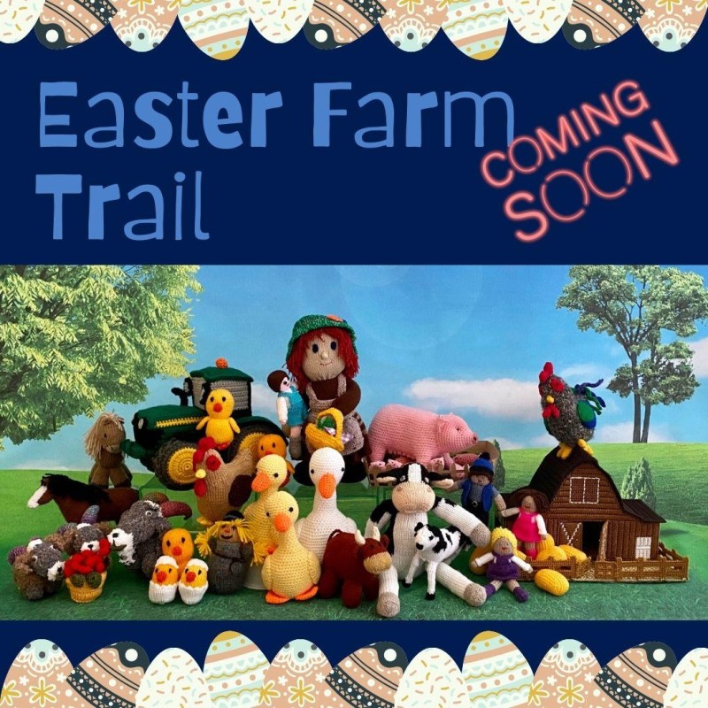 Easter Farm Trail Poster with farm characters and scenes knitted by the Secret Society of Hertford Crafters