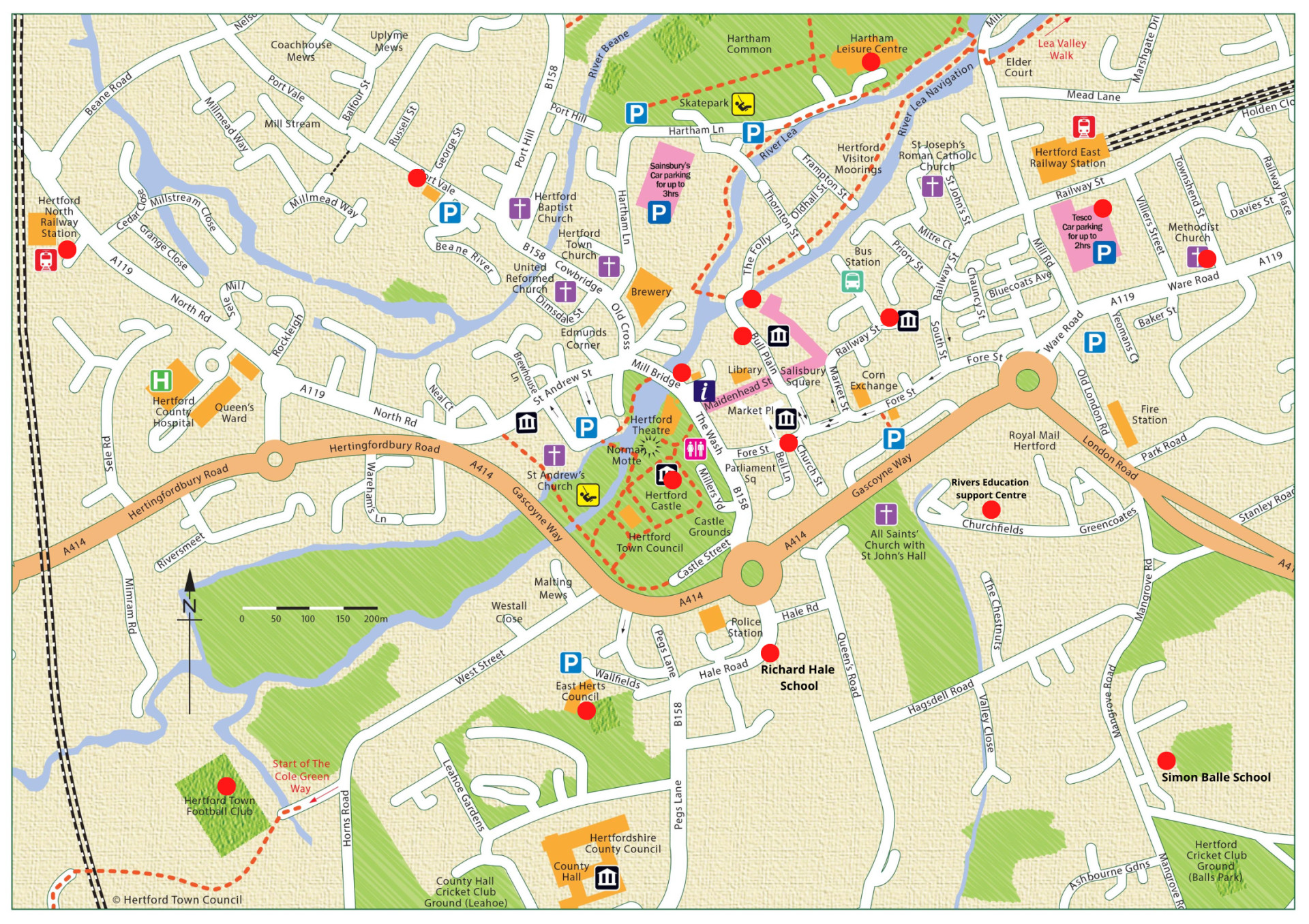 Map of Defibrillators in Hertford Town Centre